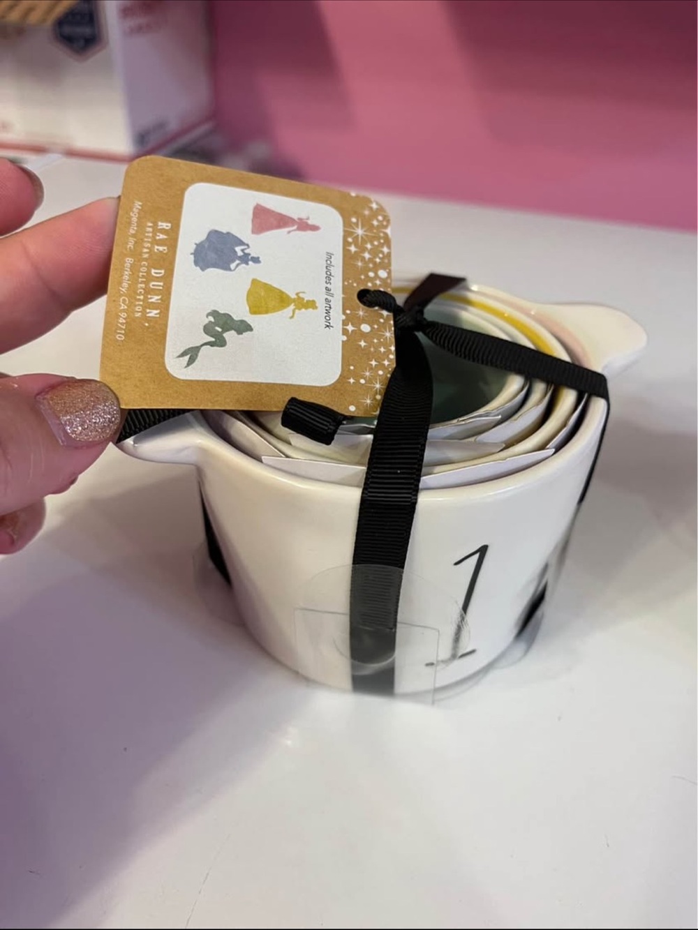 Rae Dunn White Ceramic Measuring Cup Set with Pink Detail - Picture 2 of 3